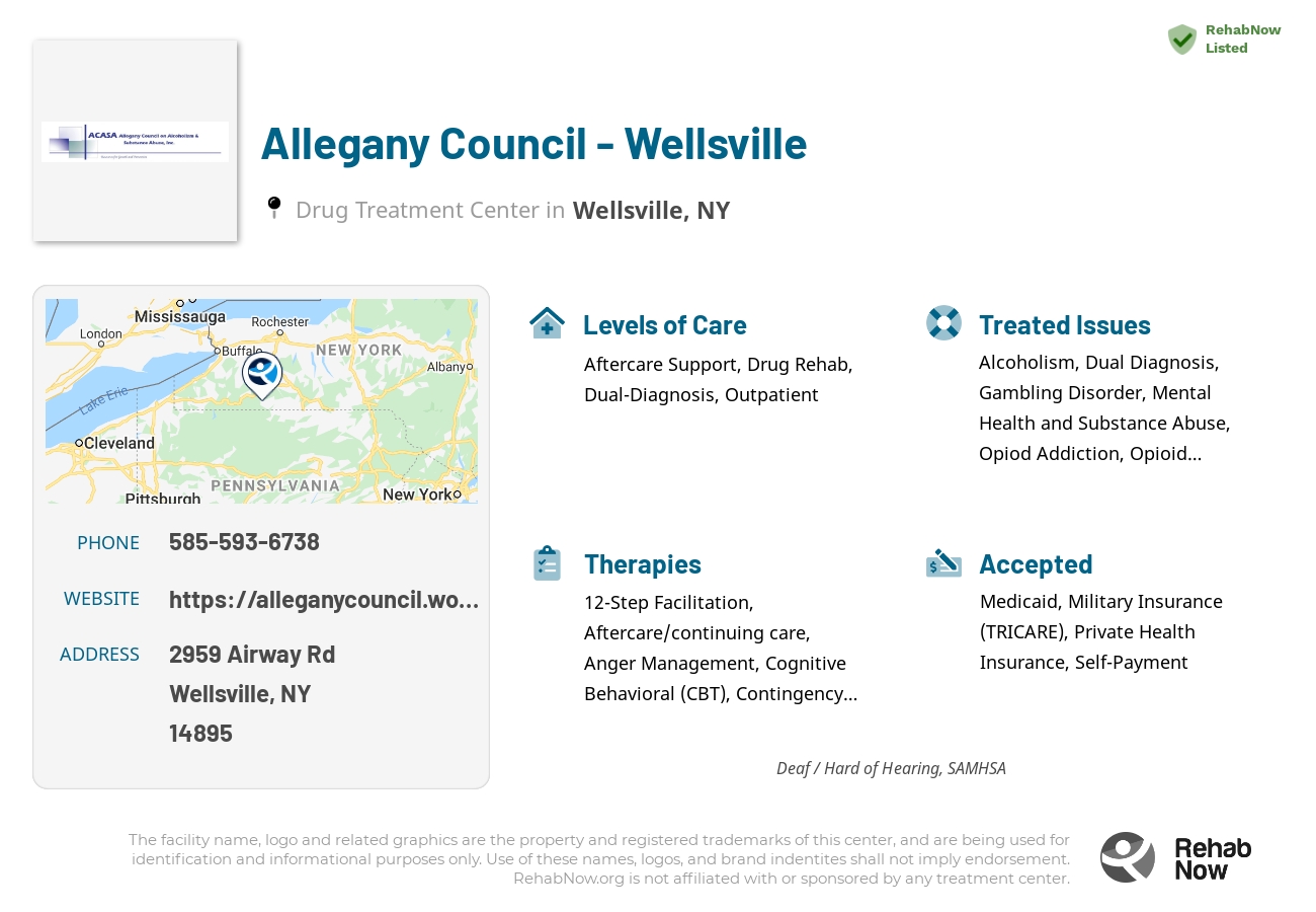 Helpful reference information for Allegany Council - Wellsville, a drug treatment center in New York located at: 2959 Airway Rd, Wellsville, NY 14895, including phone numbers, official website, and more. Listed briefly is an overview of Levels of Care, Therapies Offered, Issues Treated, and accepted forms of Payment Methods.