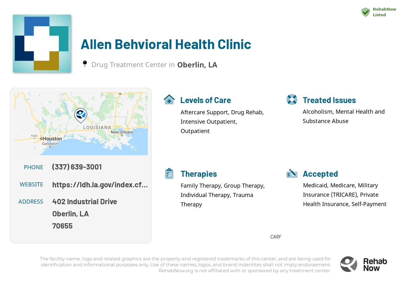 Helpful reference information for Allen Behvioral Health Clinic, a drug treatment center in Louisiana located at: 402 Industrial Drive, Oberlin, LA, 70655, including phone numbers, official website, and more. Listed briefly is an overview of Levels of Care, Therapies Offered, Issues Treated, and accepted forms of Payment Methods.