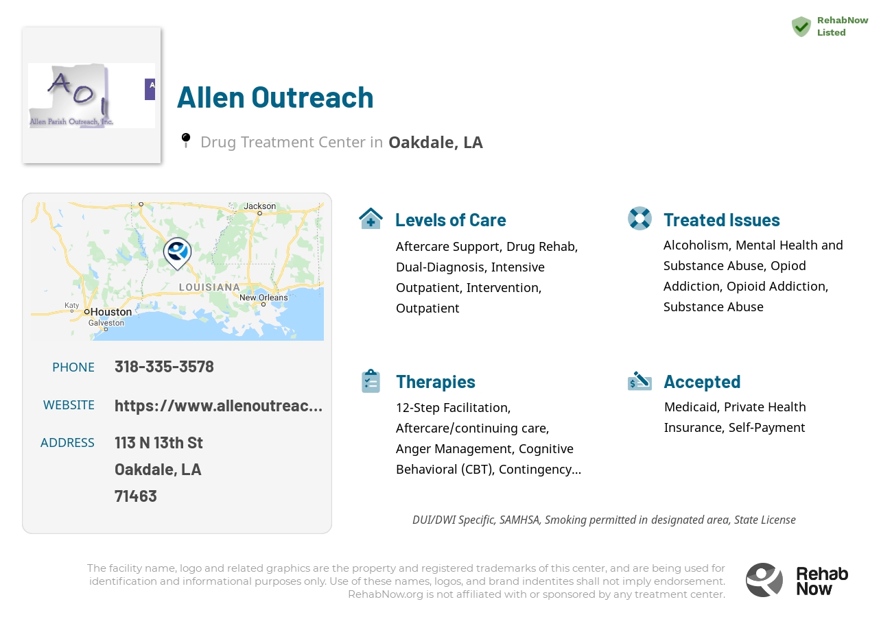 Helpful reference information for Allen Outreach, a drug treatment center in Louisiana located at: 113 N 13th St, Oakdale, LA 71463, including phone numbers, official website, and more. Listed briefly is an overview of Levels of Care, Therapies Offered, Issues Treated, and accepted forms of Payment Methods.