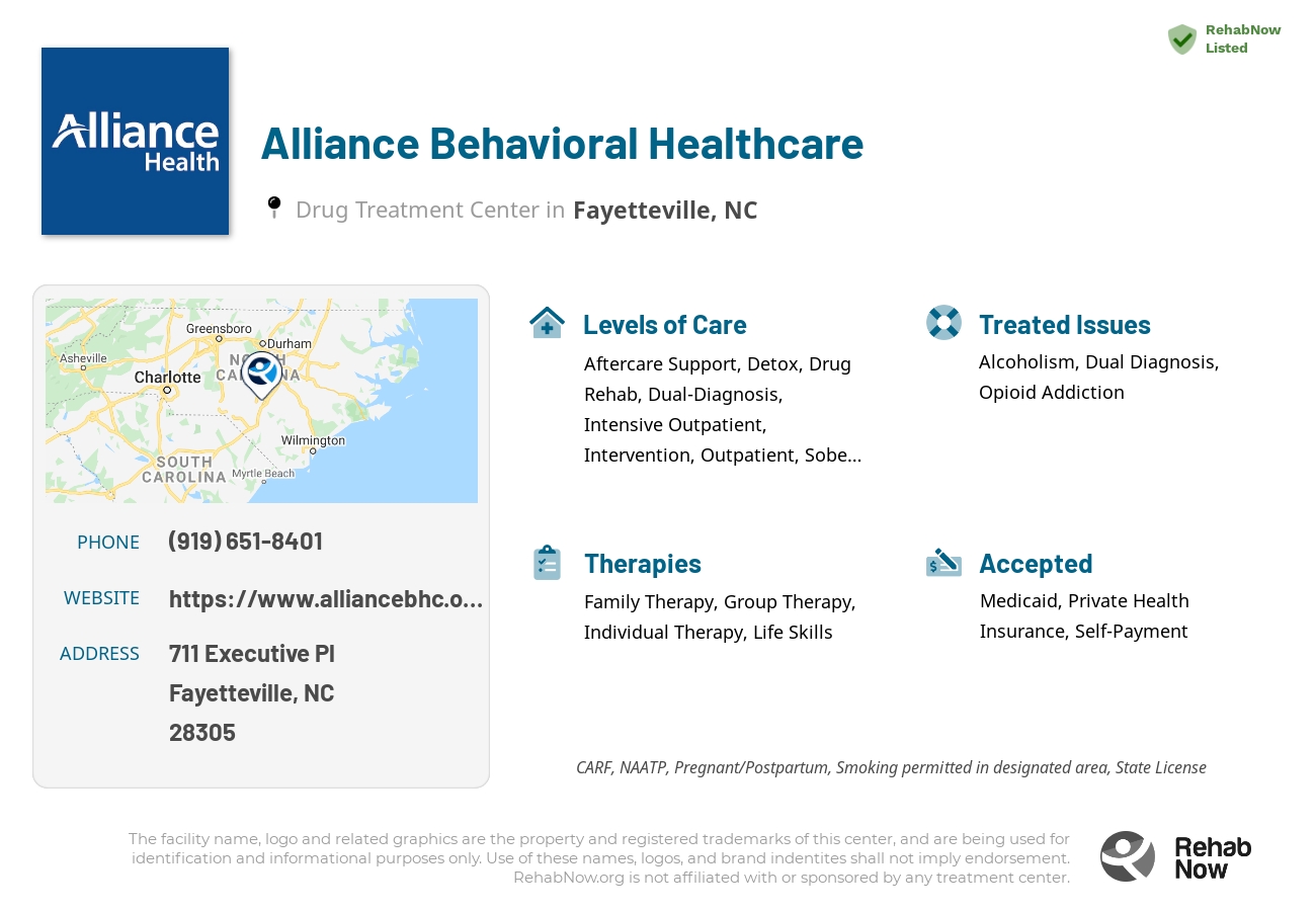 Helpful reference information for Alliance Behavioral Healthcare, a drug treatment center in North Carolina located at: 711 Executive Pl, Fayetteville, NC 28305, including phone numbers, official website, and more. Listed briefly is an overview of Levels of Care, Therapies Offered, Issues Treated, and accepted forms of Payment Methods.