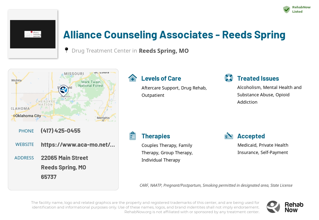 Helpful reference information for Alliance Counseling Associates - Reeds Spring, a drug treatment center in Missouri located at: 22065 22065 Main Street, Reeds Spring, MO 65737, including phone numbers, official website, and more. Listed briefly is an overview of Levels of Care, Therapies Offered, Issues Treated, and accepted forms of Payment Methods.