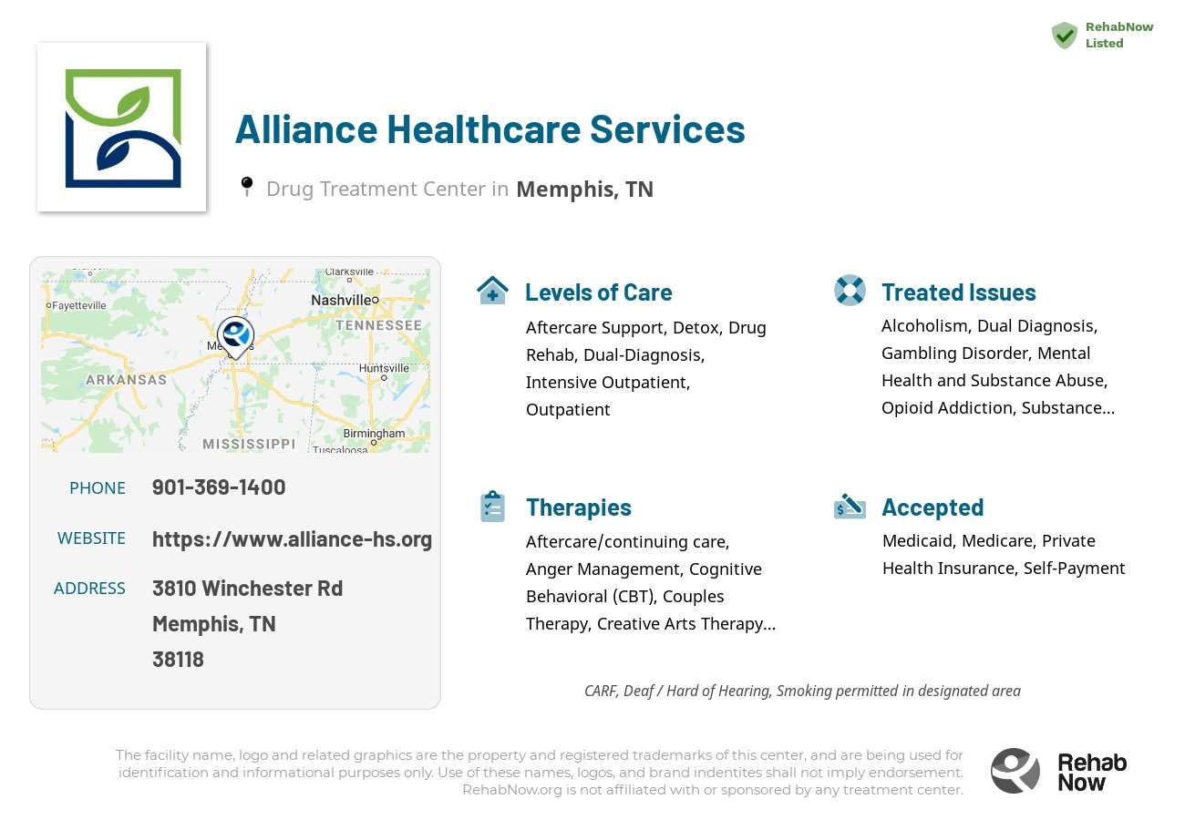 Helpful reference information for Alliance Healthcare Services, a drug treatment center in Tennessee located at: 3810 Winchester Rd, Memphis, TN 38118, including phone numbers, official website, and more. Listed briefly is an overview of Levels of Care, Therapies Offered, Issues Treated, and accepted forms of Payment Methods.