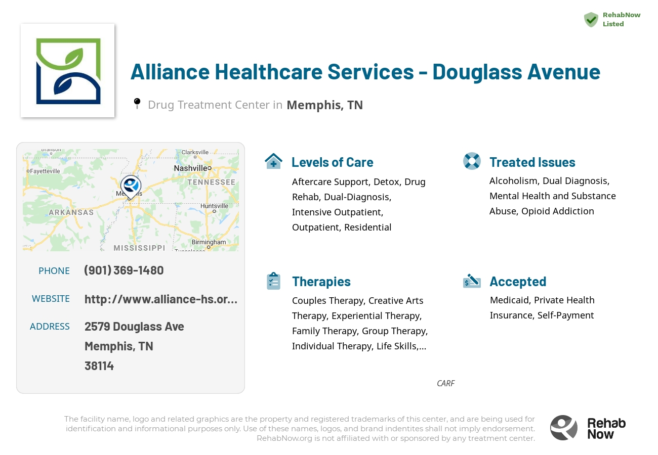 Helpful reference information for Alliance Healthcare Services - Douglass Avenue, a drug treatment center in Tennessee located at: 2579 Douglass Ave, Memphis, TN 38114, including phone numbers, official website, and more. Listed briefly is an overview of Levels of Care, Therapies Offered, Issues Treated, and accepted forms of Payment Methods.