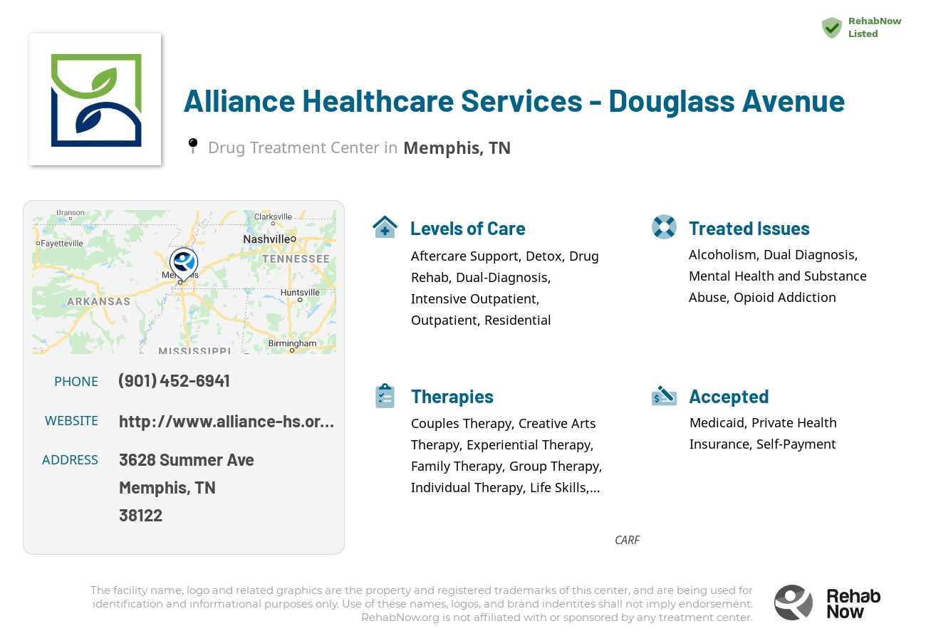Helpful reference information for Alliance Healthcare Services - Douglass Avenue, a drug treatment center in Tennessee located at: 3628 Summer Ave, Memphis, TN 38122, including phone numbers, official website, and more. Listed briefly is an overview of Levels of Care, Therapies Offered, Issues Treated, and accepted forms of Payment Methods.