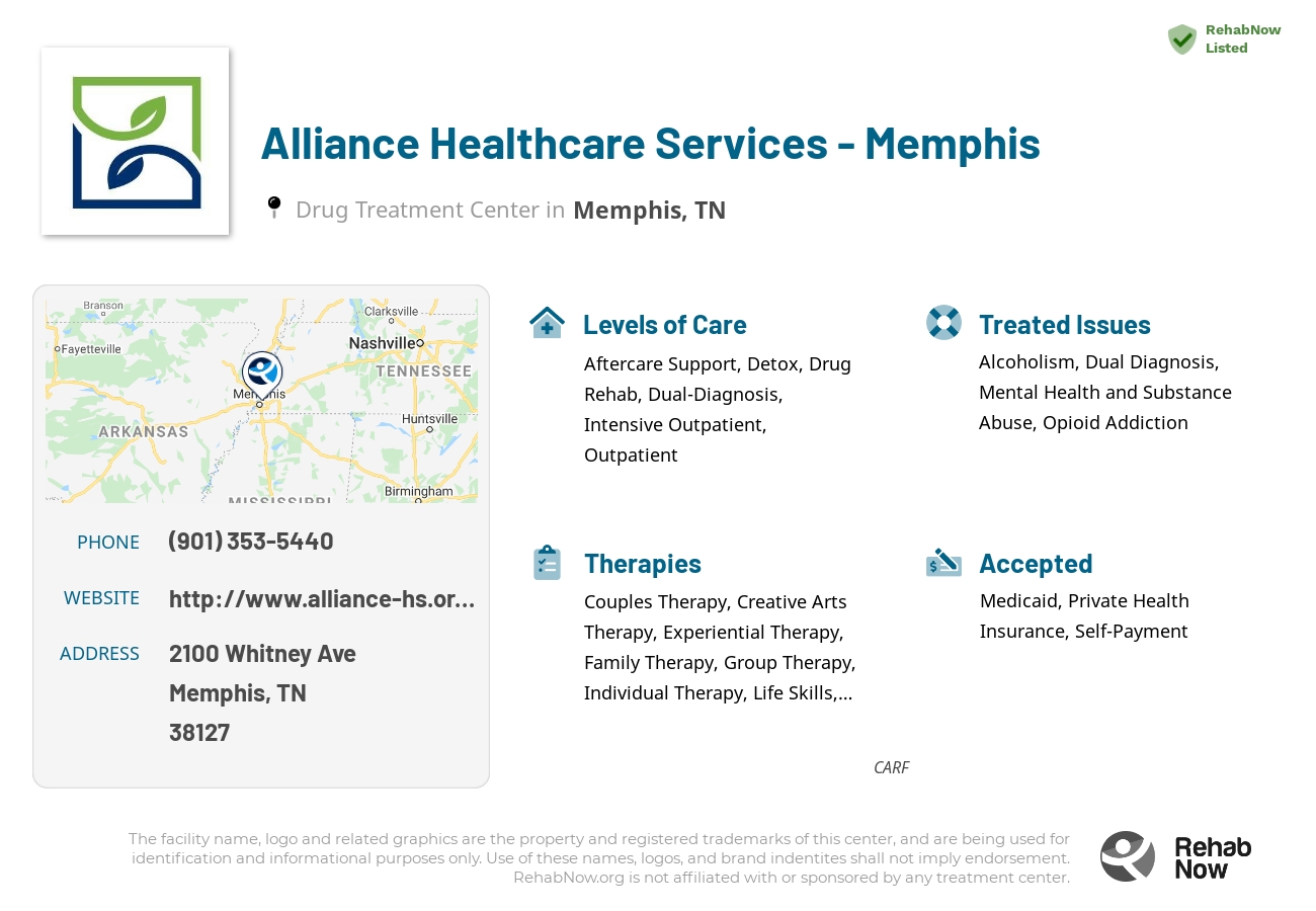 Helpful reference information for Alliance Healthcare Services - Memphis, a drug treatment center in Tennessee located at: 2100 Whitney Ave, Memphis, TN 38127, including phone numbers, official website, and more. Listed briefly is an overview of Levels of Care, Therapies Offered, Issues Treated, and accepted forms of Payment Methods.