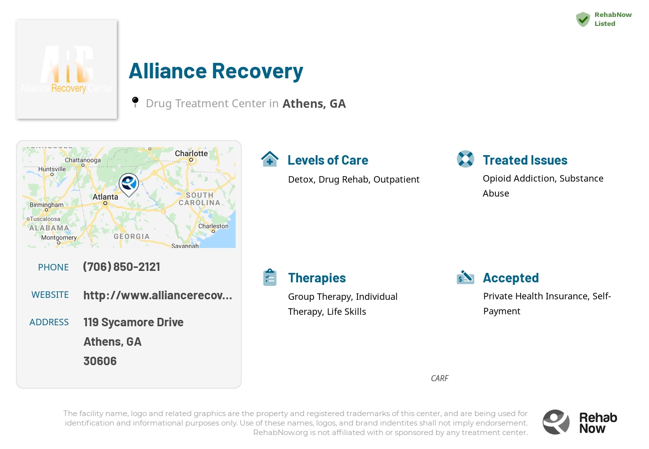 Helpful reference information for Alliance Recovery, a drug treatment center in Georgia located at: 119 119 Sycamore Drive, Athens, GA 30606, including phone numbers, official website, and more. Listed briefly is an overview of Levels of Care, Therapies Offered, Issues Treated, and accepted forms of Payment Methods.