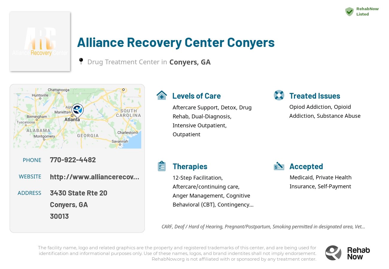 Helpful reference information for Alliance Recovery Center Conyers, a drug treatment center in Georgia located at: 3430 State Rte 20, Conyers, GA 30013, including phone numbers, official website, and more. Listed briefly is an overview of Levels of Care, Therapies Offered, Issues Treated, and accepted forms of Payment Methods.