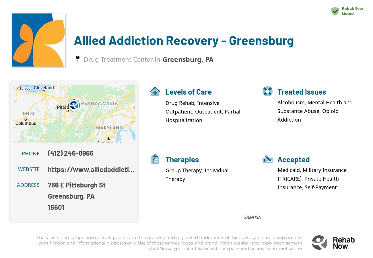 Helpful reference information for Allied Addiction Recovery - Greensburg, a drug treatment center in Pennsylvania located at: 766 E Pittsburgh St, Greensburg, PA 15601, including phone numbers, official website, and more. Listed briefly is an overview of Levels of Care, Therapies Offered, Issues Treated, and accepted forms of Payment Methods.