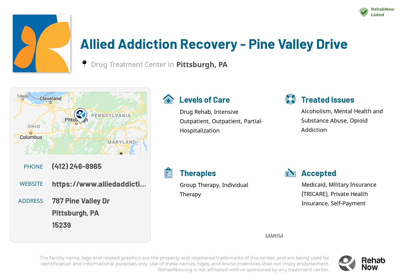 Helpful reference information for Allied Addiction Recovery - Pine Valley Drive, a drug treatment center in Pennsylvania located at: 787 Pine Valley Dr, Pittsburgh, PA 15239, including phone numbers, official website, and more. Listed briefly is an overview of Levels of Care, Therapies Offered, Issues Treated, and accepted forms of Payment Methods.