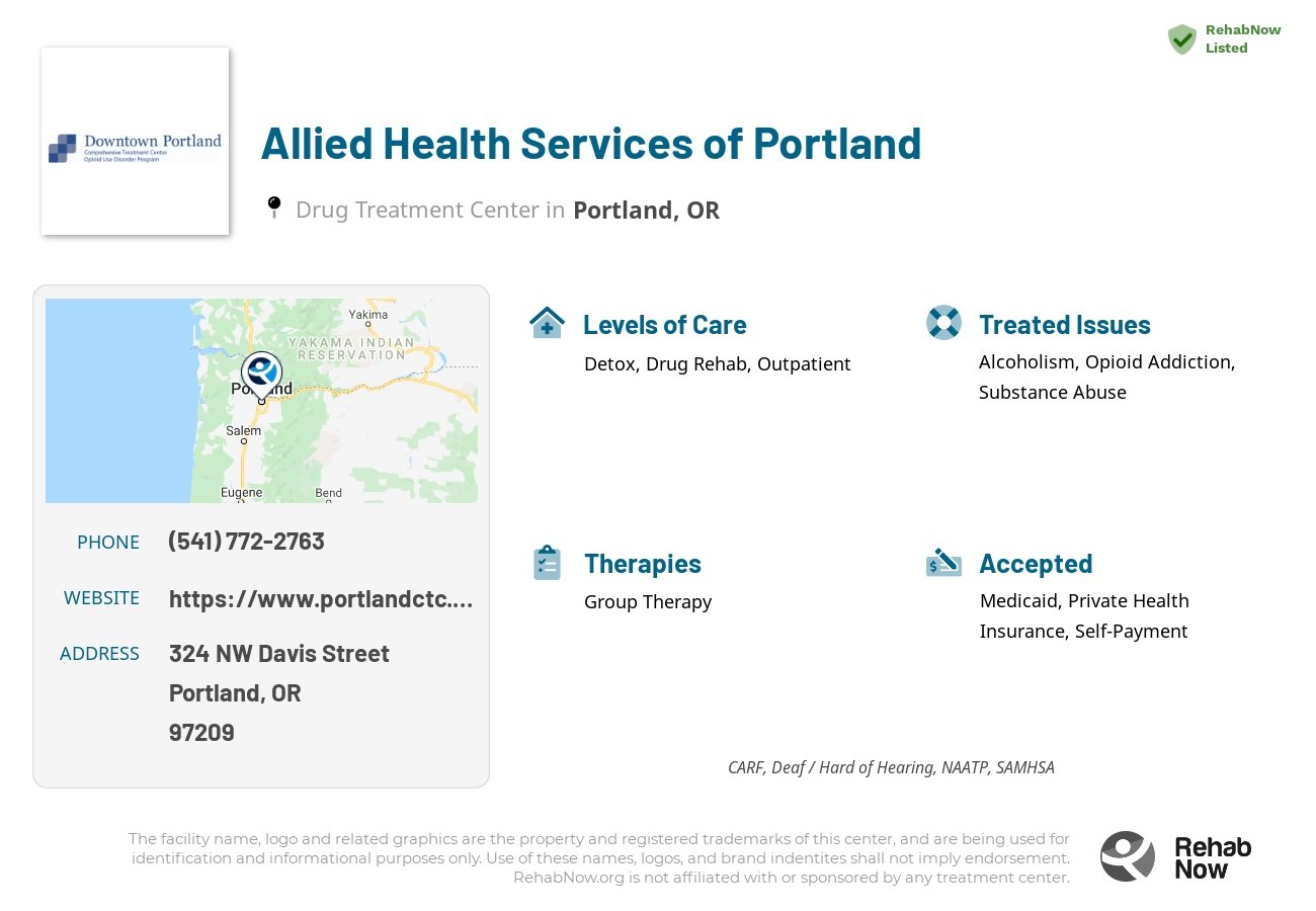 Helpful reference information for Allied Health Services of Portland, a drug treatment center in Oregon located at: 324 NW Davis Street, Portland, OR, 97209, including phone numbers, official website, and more. Listed briefly is an overview of Levels of Care, Therapies Offered, Issues Treated, and accepted forms of Payment Methods.