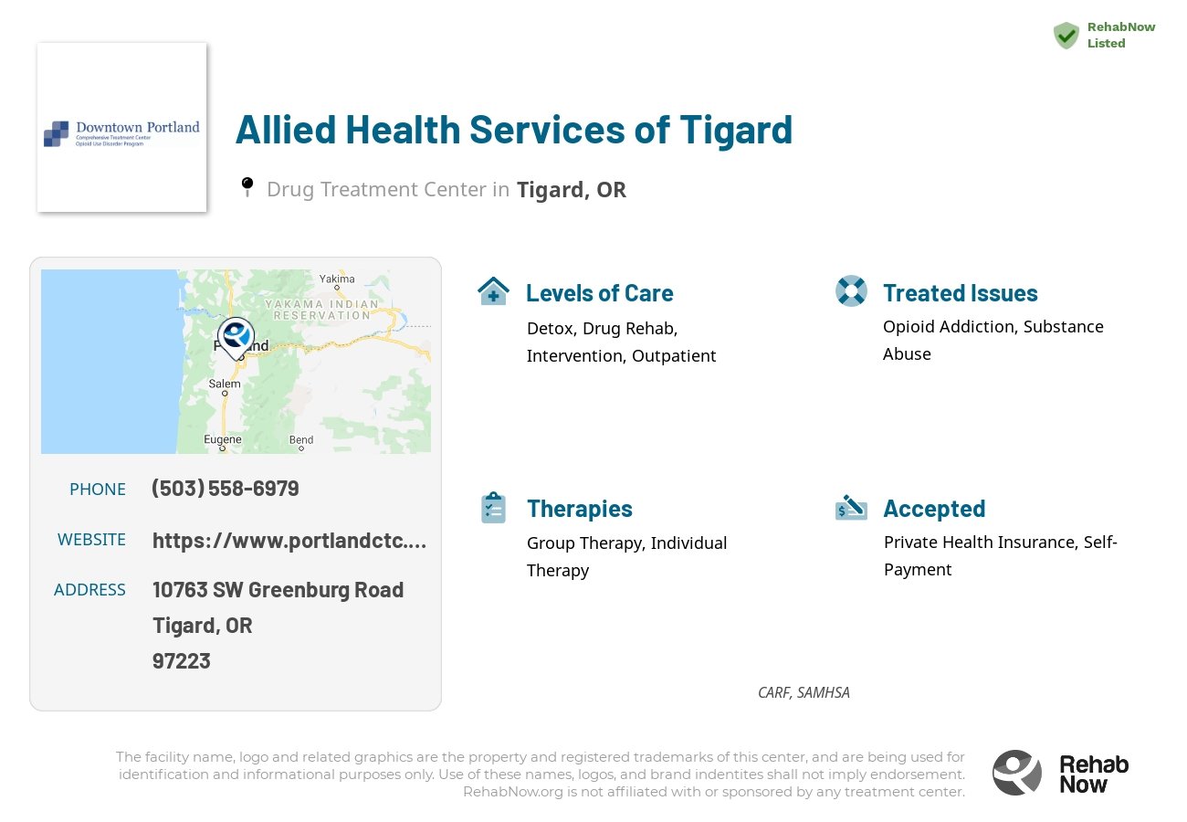 Helpful reference information for Allied Health Services of Tigard, a drug treatment center in Oregon located at: 10763 SW Greenburg Road, Tigard, OR, 97223, including phone numbers, official website, and more. Listed briefly is an overview of Levels of Care, Therapies Offered, Issues Treated, and accepted forms of Payment Methods.