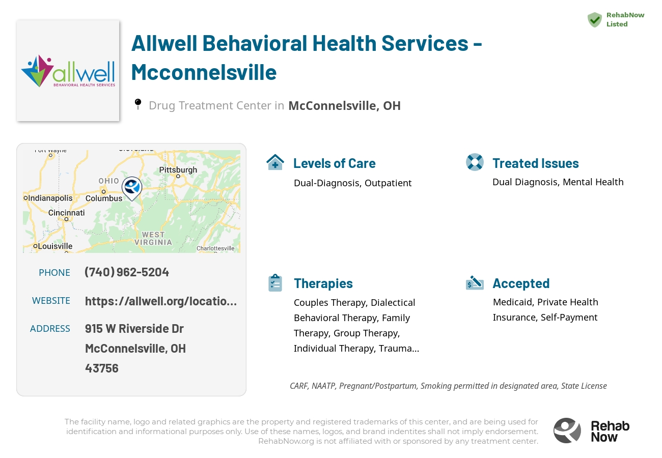Helpful reference information for Allwell Behavioral Health Services - Mcconnelsville, a drug treatment center in Ohio located at: 915 W Riverside Dr, McConnelsville, OH 43756, including phone numbers, official website, and more. Listed briefly is an overview of Levels of Care, Therapies Offered, Issues Treated, and accepted forms of Payment Methods.
