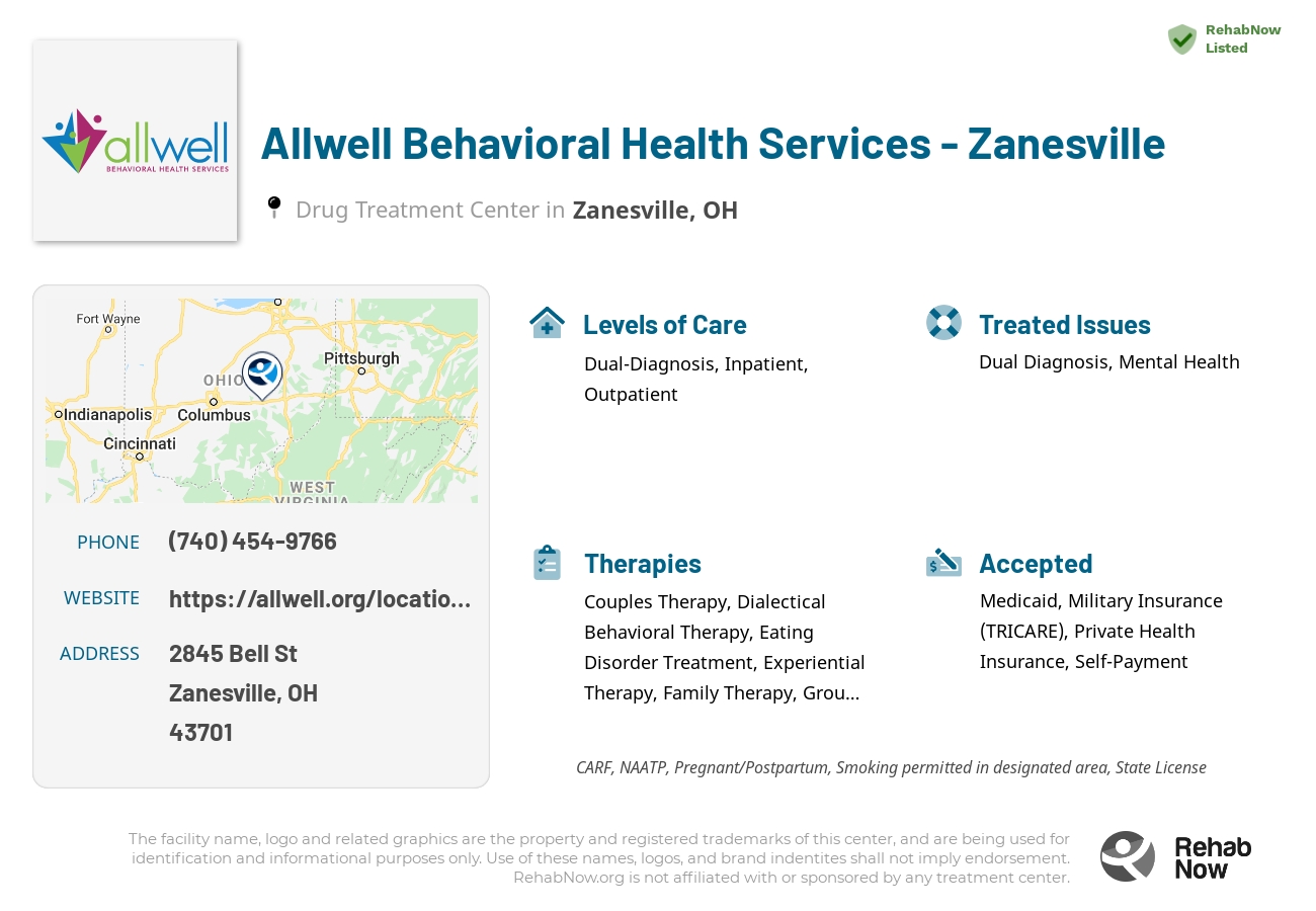 Helpful reference information for Allwell Behavioral Health Services - Zanesville, a drug treatment center in Ohio located at: 2845 Bell St, Zanesville, OH 43701, including phone numbers, official website, and more. Listed briefly is an overview of Levels of Care, Therapies Offered, Issues Treated, and accepted forms of Payment Methods.
