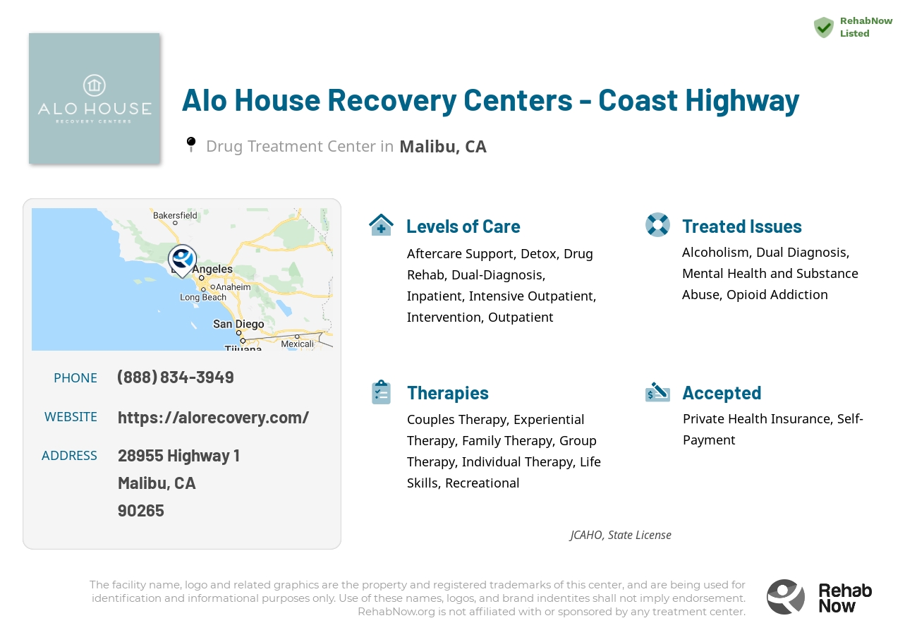 Helpful reference information for Alo House Recovery Centers - Coast Highway, a drug treatment center in California located at: 28955 Highway 1, Malibu, CA 90265, including phone numbers, official website, and more. Listed briefly is an overview of Levels of Care, Therapies Offered, Issues Treated, and accepted forms of Payment Methods.