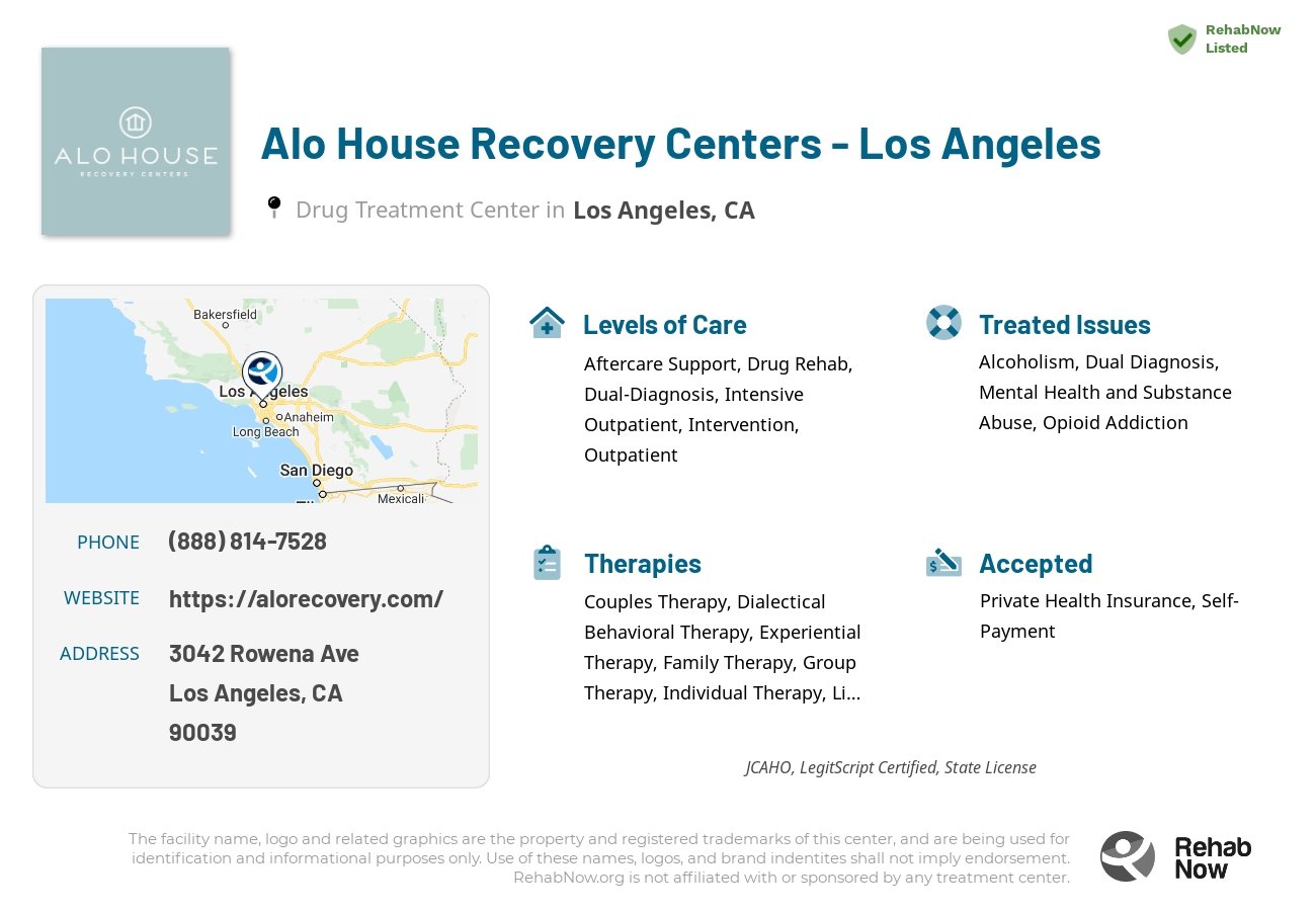 Helpful reference information for Alo House Recovery Centers - Los Angeles, a drug treatment center in California located at: 3042 Rowena Ave, Los Angeles, CA 90039, including phone numbers, official website, and more. Listed briefly is an overview of Levels of Care, Therapies Offered, Issues Treated, and accepted forms of Payment Methods.