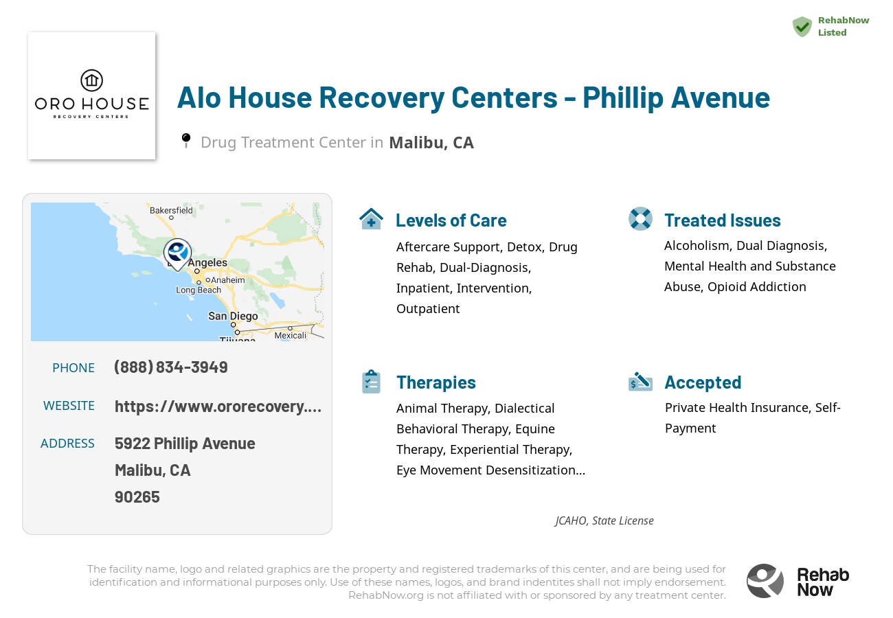 Helpful reference information for Alo House Recovery Centers - Phillip Avenue, a drug treatment center in California located at: 5922 Phillip Avenue, Malibu, CA, 90265, including phone numbers, official website, and more. Listed briefly is an overview of Levels of Care, Therapies Offered, Issues Treated, and accepted forms of Payment Methods.
