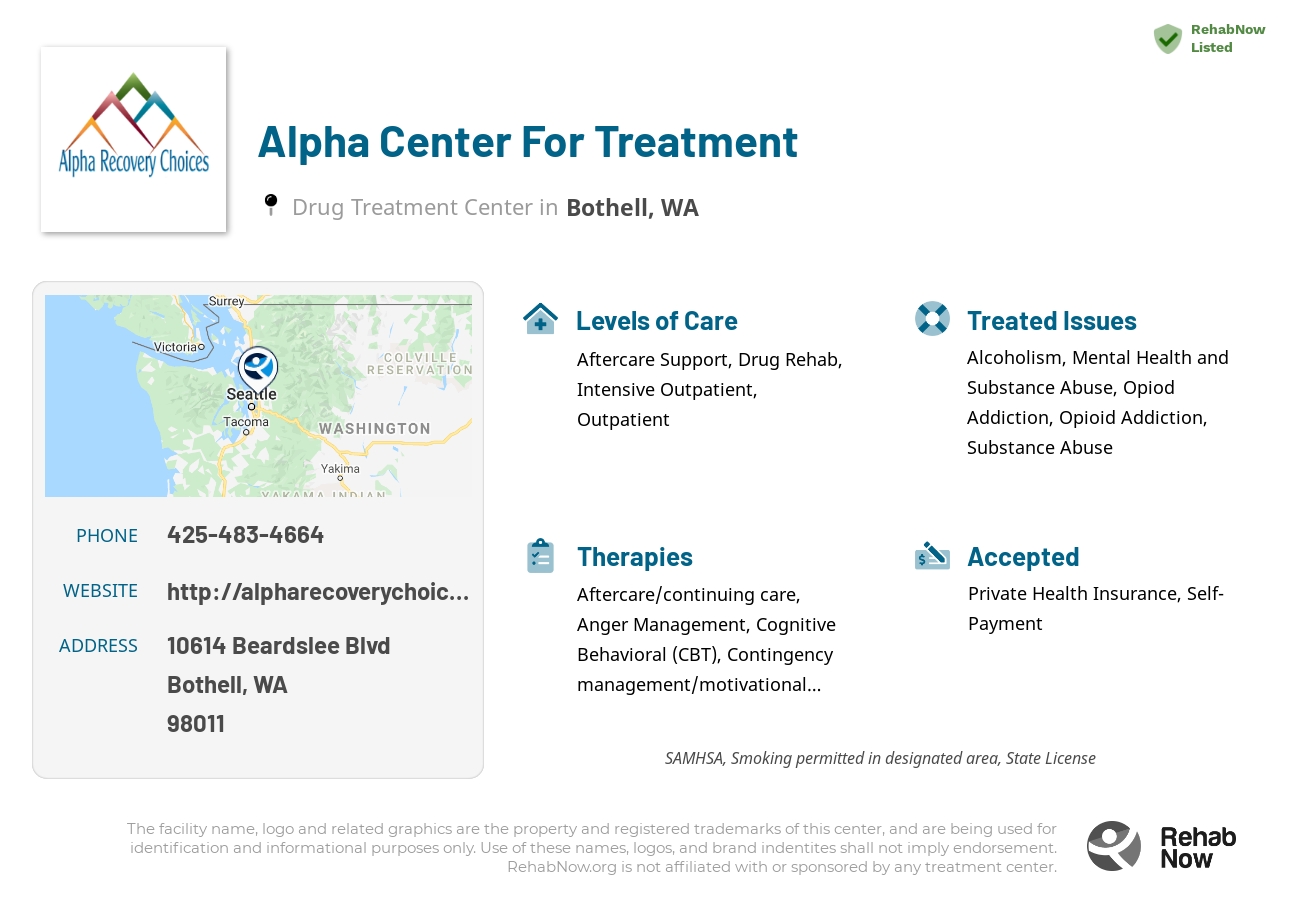 Helpful reference information for Alpha Center For Treatment, a drug treatment center in Washington located at: 10614 Beardslee Blvd, Bothell, WA 98011, including phone numbers, official website, and more. Listed briefly is an overview of Levels of Care, Therapies Offered, Issues Treated, and accepted forms of Payment Methods.