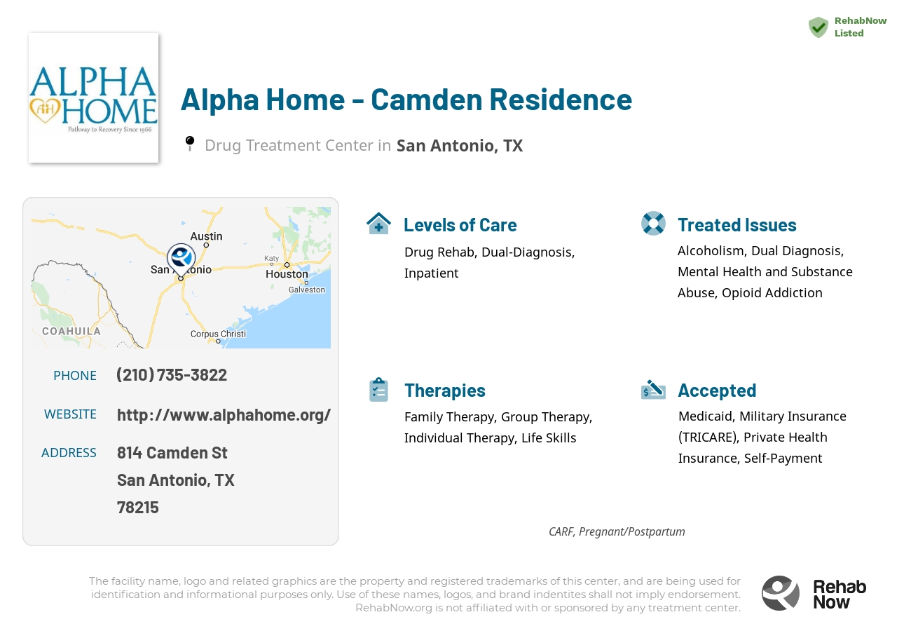 Helpful reference information for Alpha Home - Camden Residence, a drug treatment center in Texas located at: 814 Camden St, San Antonio, TX 78215, including phone numbers, official website, and more. Listed briefly is an overview of Levels of Care, Therapies Offered, Issues Treated, and accepted forms of Payment Methods.