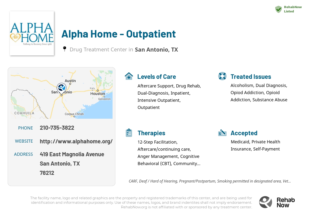 Helpful reference information for Alpha Home - Outpatient, a drug treatment center in Texas located at: 419 East Magnolia Avenue, San Antonio, TX, 78212, including phone numbers, official website, and more. Listed briefly is an overview of Levels of Care, Therapies Offered, Issues Treated, and accepted forms of Payment Methods.