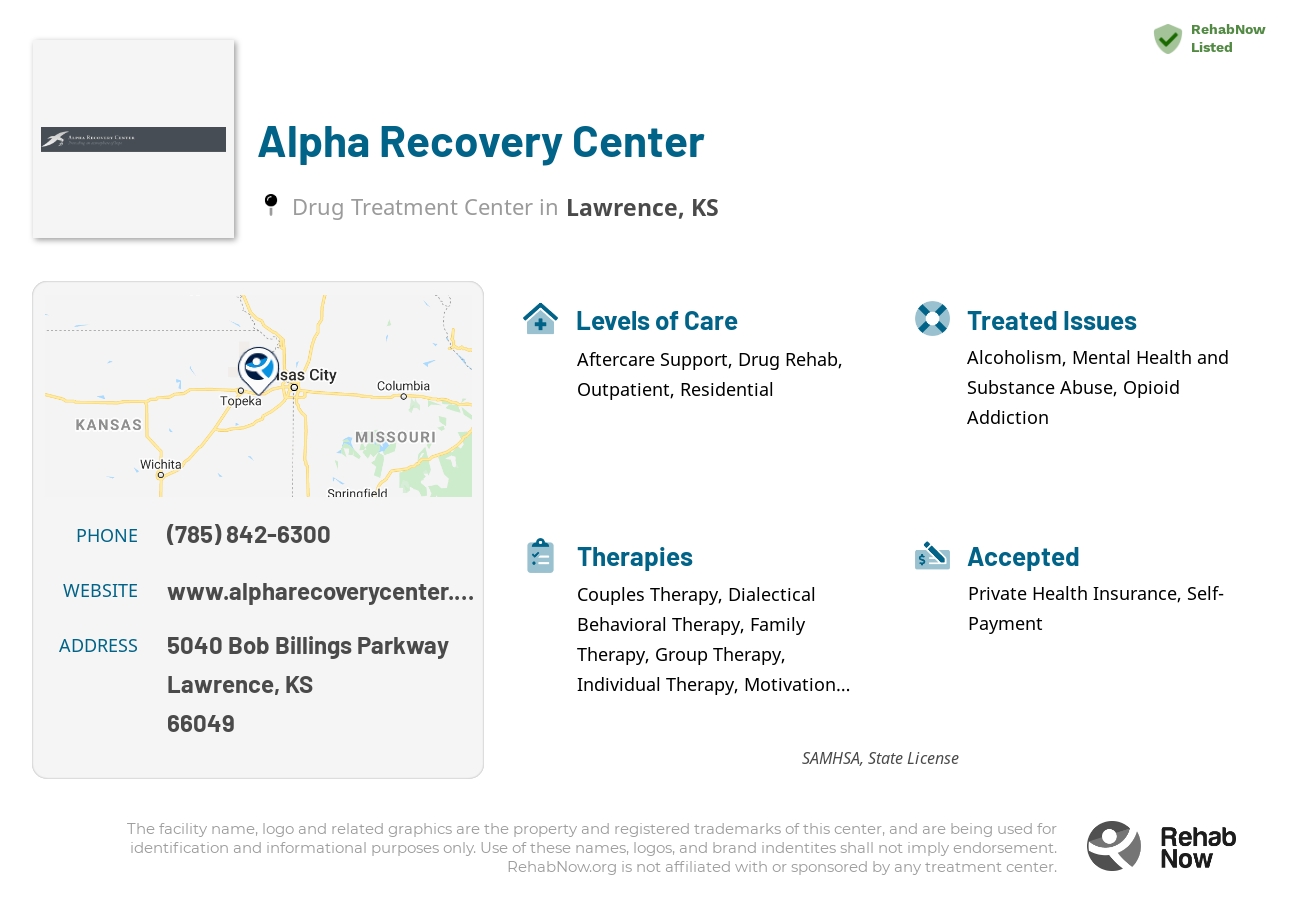 Helpful reference information for Alpha Recovery Center, a drug treatment center in Kansas located at: 5040 Bob Billings Parkway, Lawrence, KS, 66049, including phone numbers, official website, and more. Listed briefly is an overview of Levels of Care, Therapies Offered, Issues Treated, and accepted forms of Payment Methods.