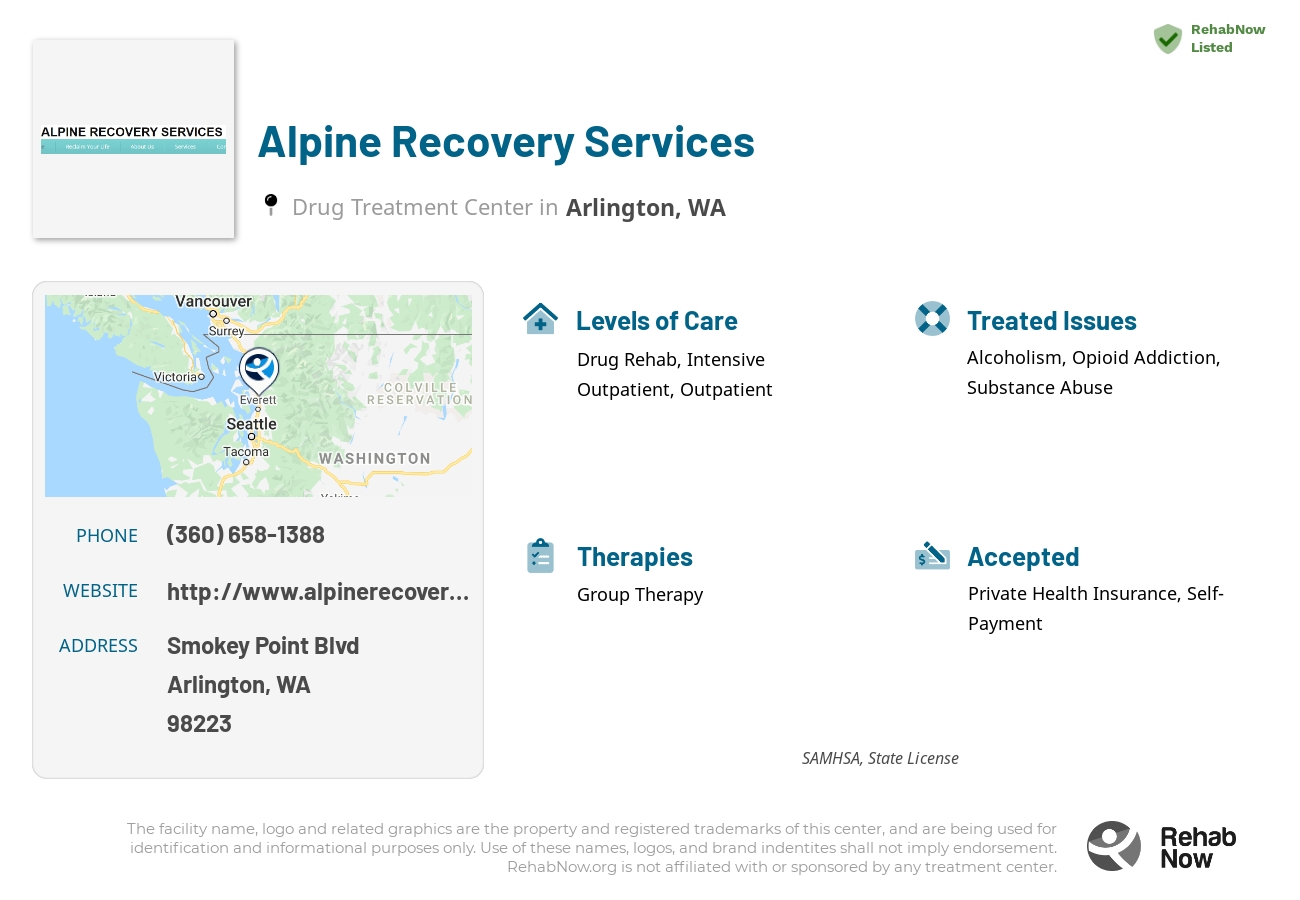 Helpful reference information for Alpine Recovery Services, a drug treatment center in Washington located at: Smokey Point Blvd, Arlington, WA 98223, including phone numbers, official website, and more. Listed briefly is an overview of Levels of Care, Therapies Offered, Issues Treated, and accepted forms of Payment Methods.