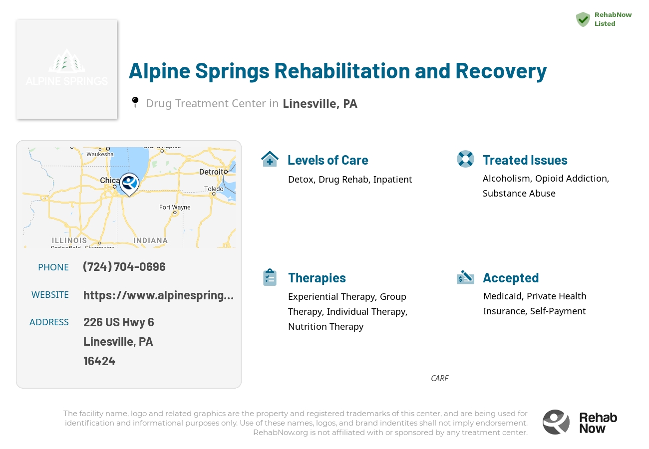 Helpful reference information for Alpine Springs Rehabilitation and Recovery, a drug treatment center in Pennsylvania located at: 226 US Hwy 6, Linesville, PA 16424, including phone numbers, official website, and more. Listed briefly is an overview of Levels of Care, Therapies Offered, Issues Treated, and accepted forms of Payment Methods.