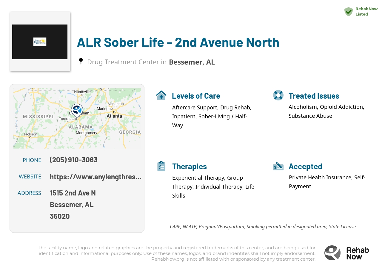 Helpful reference information for ALR Sober Life - 2nd Avenue North, a drug treatment center in Alabama located at: 1515 2nd Ave N, Bessemer, AL, 35020, including phone numbers, official website, and more. Listed briefly is an overview of Levels of Care, Therapies Offered, Issues Treated, and accepted forms of Payment Methods.