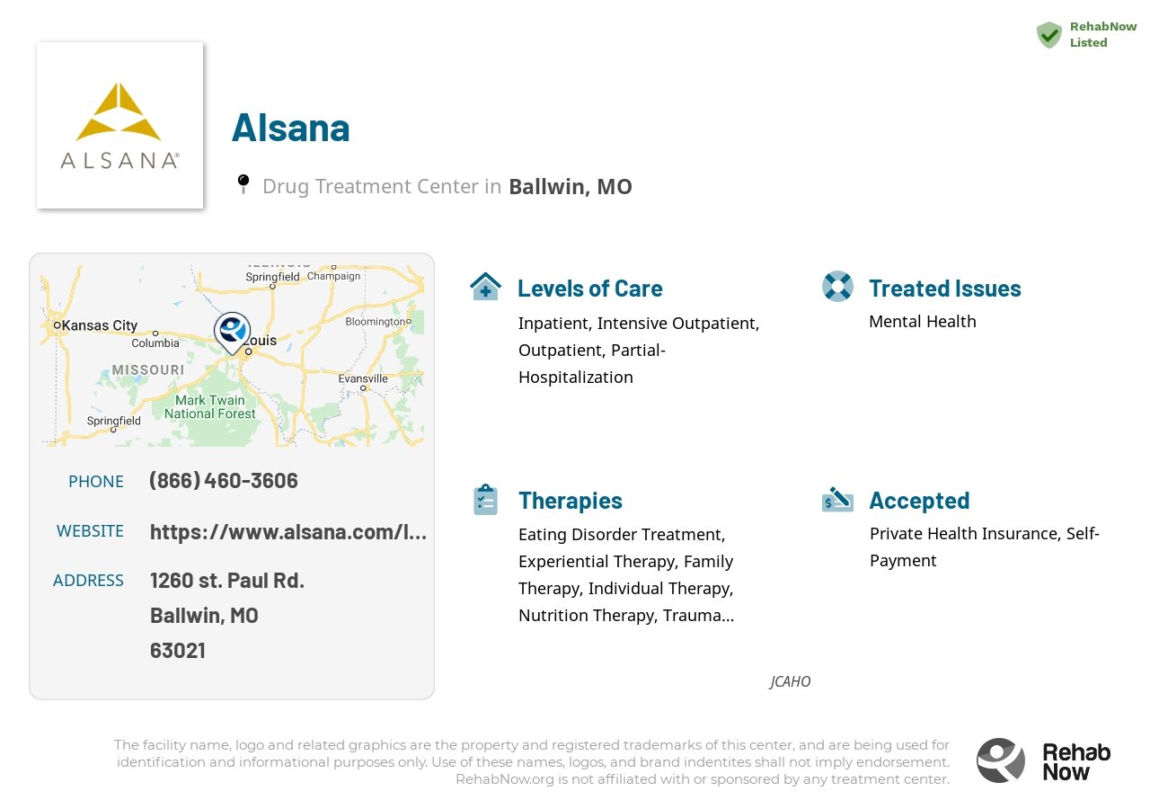 Helpful reference information for Alsana, a drug treatment center in Missouri located at: 1260 st. Paul Rd., Ballwin, MO, 63021, including phone numbers, official website, and more. Listed briefly is an overview of Levels of Care, Therapies Offered, Issues Treated, and accepted forms of Payment Methods.