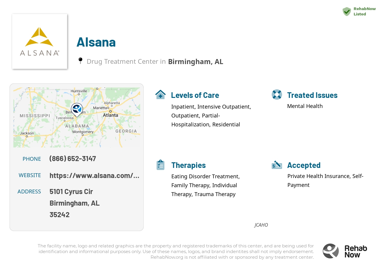 Helpful reference information for Alsana, a drug treatment center in Alabama located at: 5101 Cyrus Cir, Birmingham, AL, 35242, including phone numbers, official website, and more. Listed briefly is an overview of Levels of Care, Therapies Offered, Issues Treated, and accepted forms of Payment Methods.
