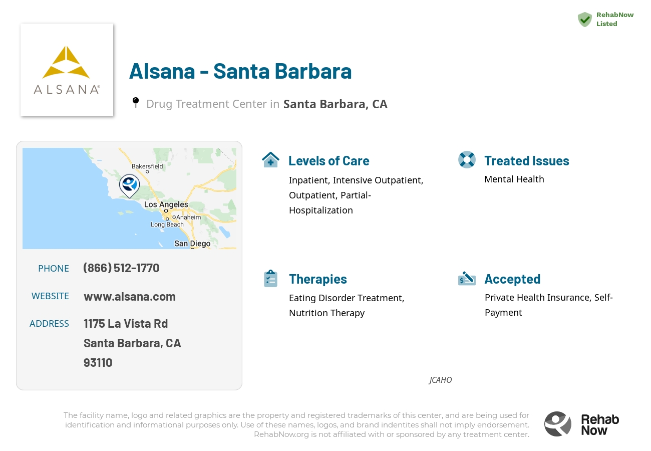 Helpful reference information for Alsana - Santa Barbara, a drug treatment center in California located at: 1175 La Vista Rd, Santa Barbara, CA, 93110, including phone numbers, official website, and more. Listed briefly is an overview of Levels of Care, Therapies Offered, Issues Treated, and accepted forms of Payment Methods.