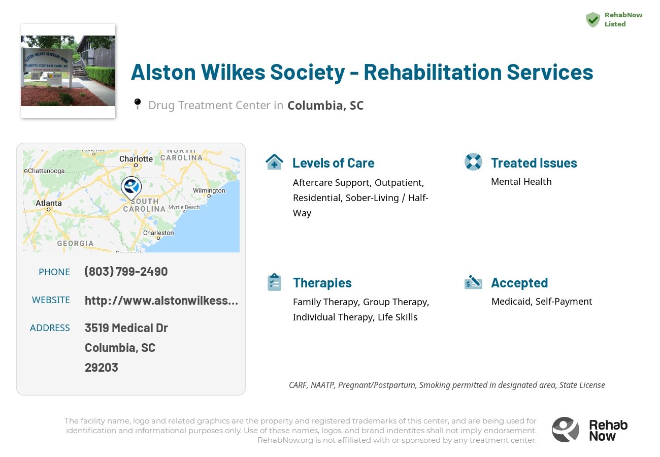 Helpful reference information for Alston Wilkes Society - Rehabilitation Services, a drug treatment center in South Carolina located at: 3519 Medical Dr, Columbia, SC 29203, including phone numbers, official website, and more. Listed briefly is an overview of Levels of Care, Therapies Offered, Issues Treated, and accepted forms of Payment Methods.