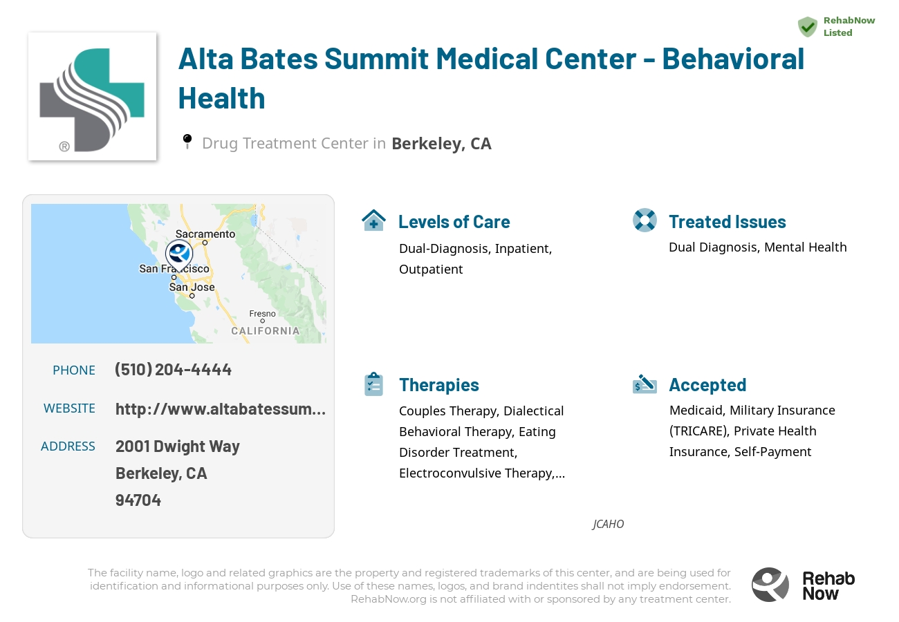 Helpful reference information for Alta Bates Summit Medical Center - Behavioral Health, a drug treatment center in California located at: 2001 Dwight Way, Berkeley, CA 94704, including phone numbers, official website, and more. Listed briefly is an overview of Levels of Care, Therapies Offered, Issues Treated, and accepted forms of Payment Methods.