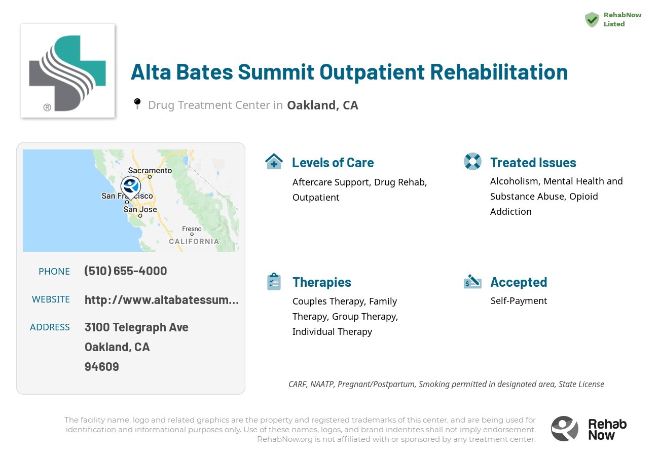 Helpful reference information for Alta Bates Summit Outpatient Rehabilitation, a drug treatment center in California located at: 3100 Telegraph Ave, Oakland, CA 94609, including phone numbers, official website, and more. Listed briefly is an overview of Levels of Care, Therapies Offered, Issues Treated, and accepted forms of Payment Methods.