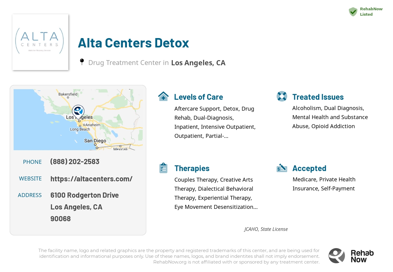 Helpful reference information for Alta Centers Detox, a drug treatment center in California located at: 6100 Rodgerton Drive, Los Angeles, CA, 90068, including phone numbers, official website, and more. Listed briefly is an overview of Levels of Care, Therapies Offered, Issues Treated, and accepted forms of Payment Methods.