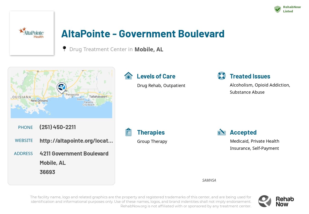 Helpful reference information for AltaPointe - Government Boulevard, a drug treatment center in Alabama located at: 4211 Government Boulevard, Mobile, AL, 36693, including phone numbers, official website, and more. Listed briefly is an overview of Levels of Care, Therapies Offered, Issues Treated, and accepted forms of Payment Methods.