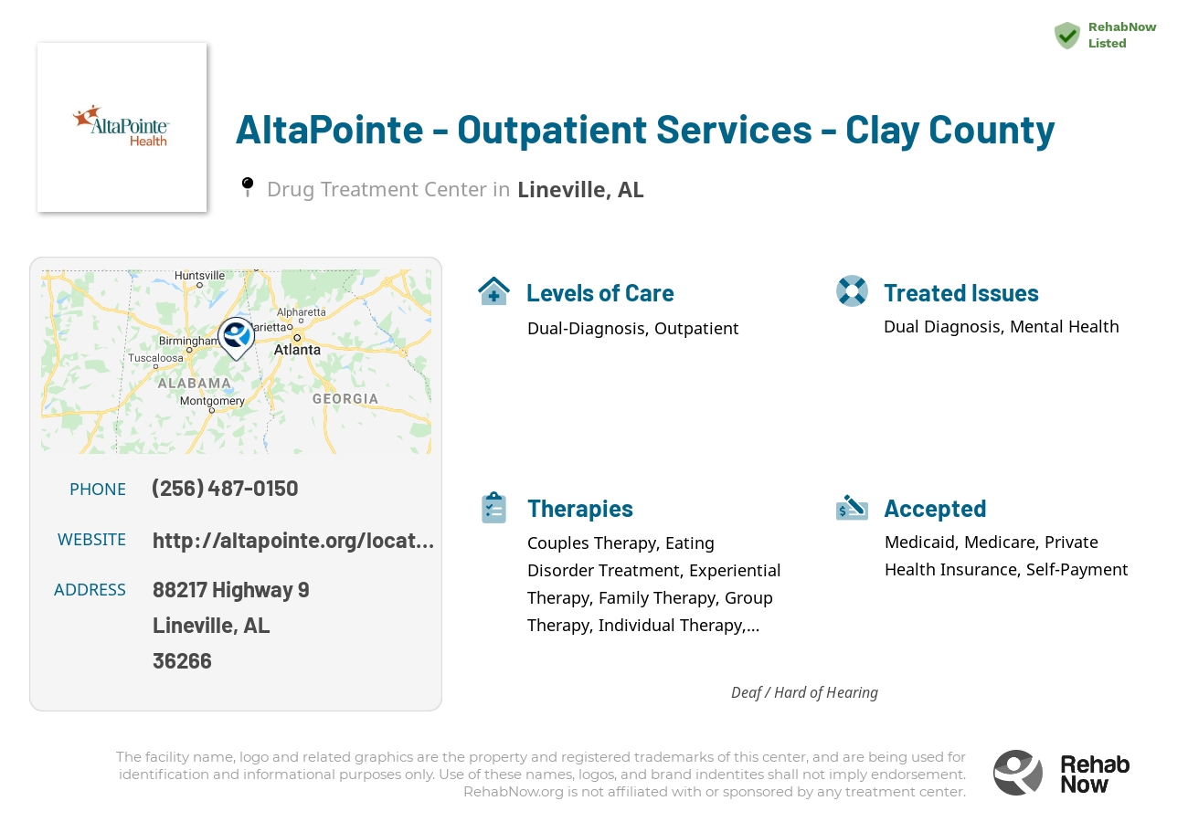 Helpful reference information for AltaPointe - Outpatient Services - Clay County, a drug treatment center in Alabama located at: 88217 Highway 9, Lineville, AL, 36266, including phone numbers, official website, and more. Listed briefly is an overview of Levels of Care, Therapies Offered, Issues Treated, and accepted forms of Payment Methods.