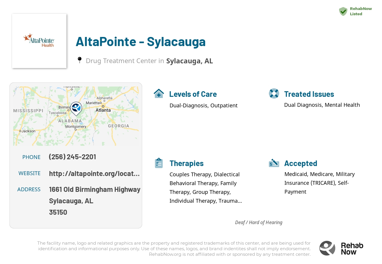 Helpful reference information for AltaPointe - Sylacauga, a drug treatment center in Alabama located at: 1661 Old Birmingham Highway, Sylacauga, AL, 35150, including phone numbers, official website, and more. Listed briefly is an overview of Levels of Care, Therapies Offered, Issues Treated, and accepted forms of Payment Methods.