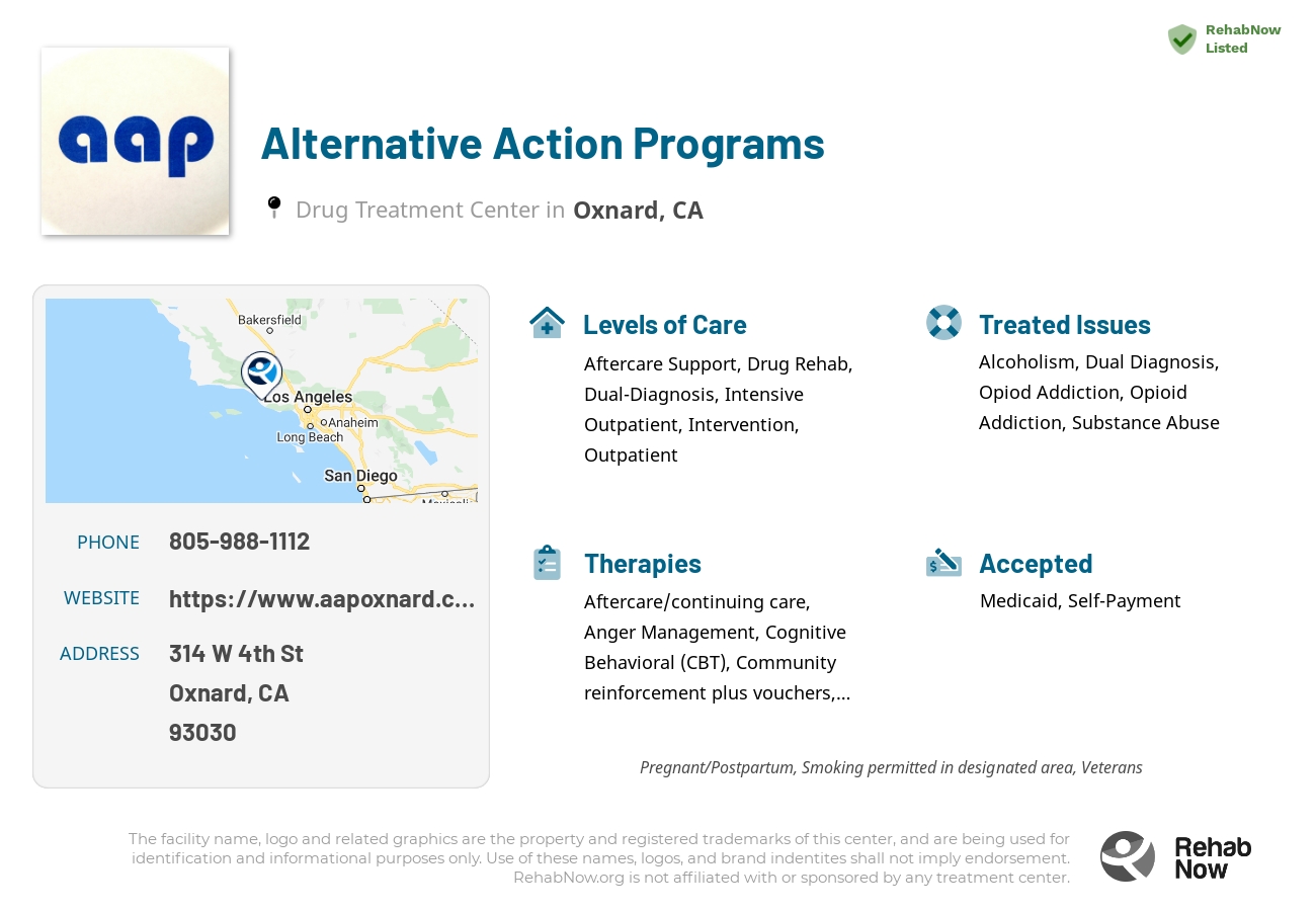 Helpful reference information for Alternative Action Programs, a drug treatment center in California located at: 314 W 4th St, Oxnard, CA 93030, including phone numbers, official website, and more. Listed briefly is an overview of Levels of Care, Therapies Offered, Issues Treated, and accepted forms of Payment Methods.
