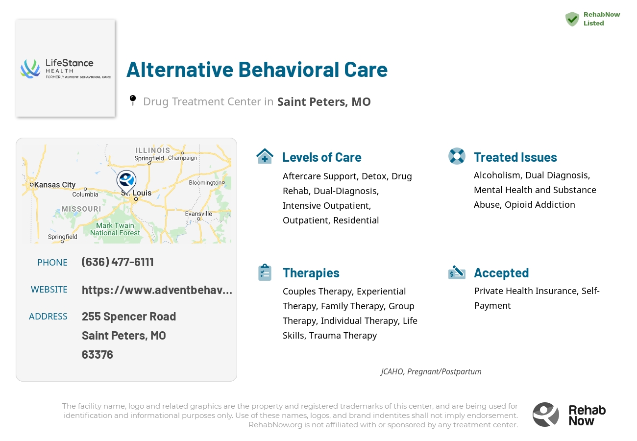 Helpful reference information for Alternative Behavioral Care, a drug treatment center in Missouri located at: 255 Spencer Road, Saint Peters, MO, 63376, including phone numbers, official website, and more. Listed briefly is an overview of Levels of Care, Therapies Offered, Issues Treated, and accepted forms of Payment Methods.