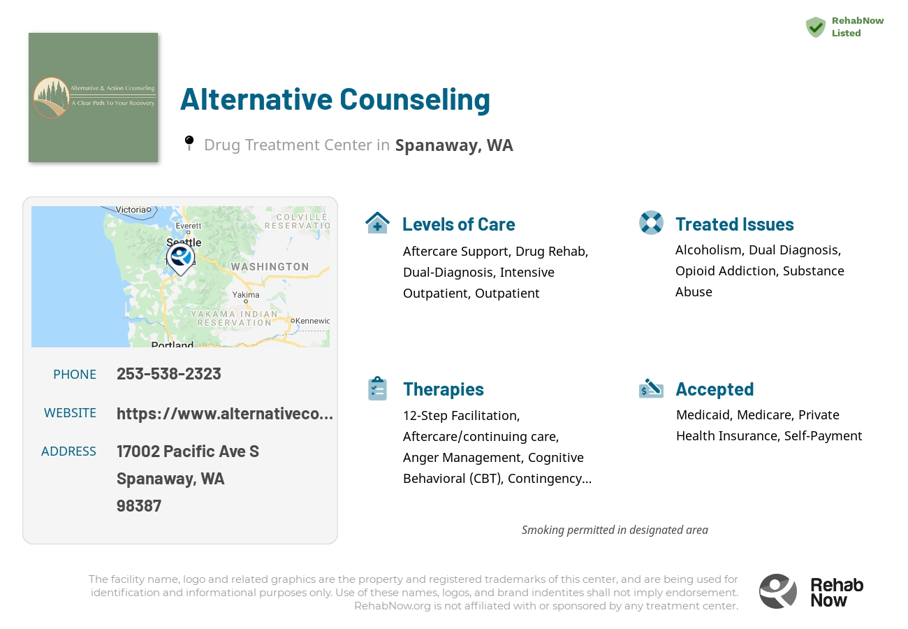 Helpful reference information for Alternative Counseling, a drug treatment center in Washington located at: 17002 Pacific Ave S, Spanaway, WA 98387, including phone numbers, official website, and more. Listed briefly is an overview of Levels of Care, Therapies Offered, Issues Treated, and accepted forms of Payment Methods.