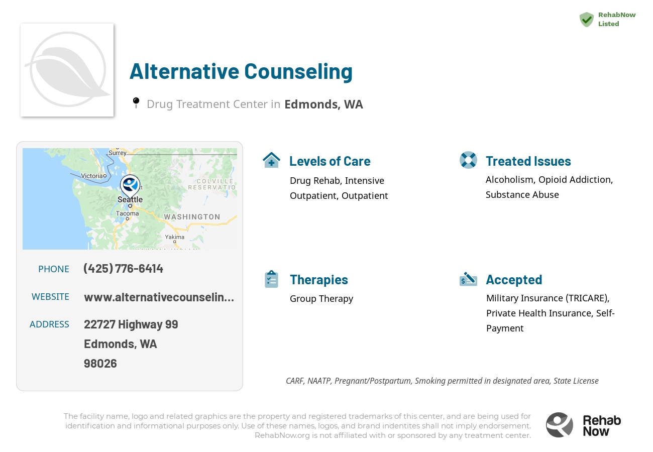 Helpful reference information for Alternative Counseling, a drug treatment center in Washington located at: 22727 Highway 99, Edmonds, WA, 98026, including phone numbers, official website, and more. Listed briefly is an overview of Levels of Care, Therapies Offered, Issues Treated, and accepted forms of Payment Methods.