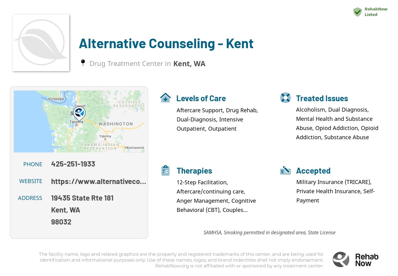 Helpful reference information for Alternative Counseling - Kent, a drug treatment center in Washington located at: 19435 State Rte 181, Kent, WA 98032, including phone numbers, official website, and more. Listed briefly is an overview of Levels of Care, Therapies Offered, Issues Treated, and accepted forms of Payment Methods.