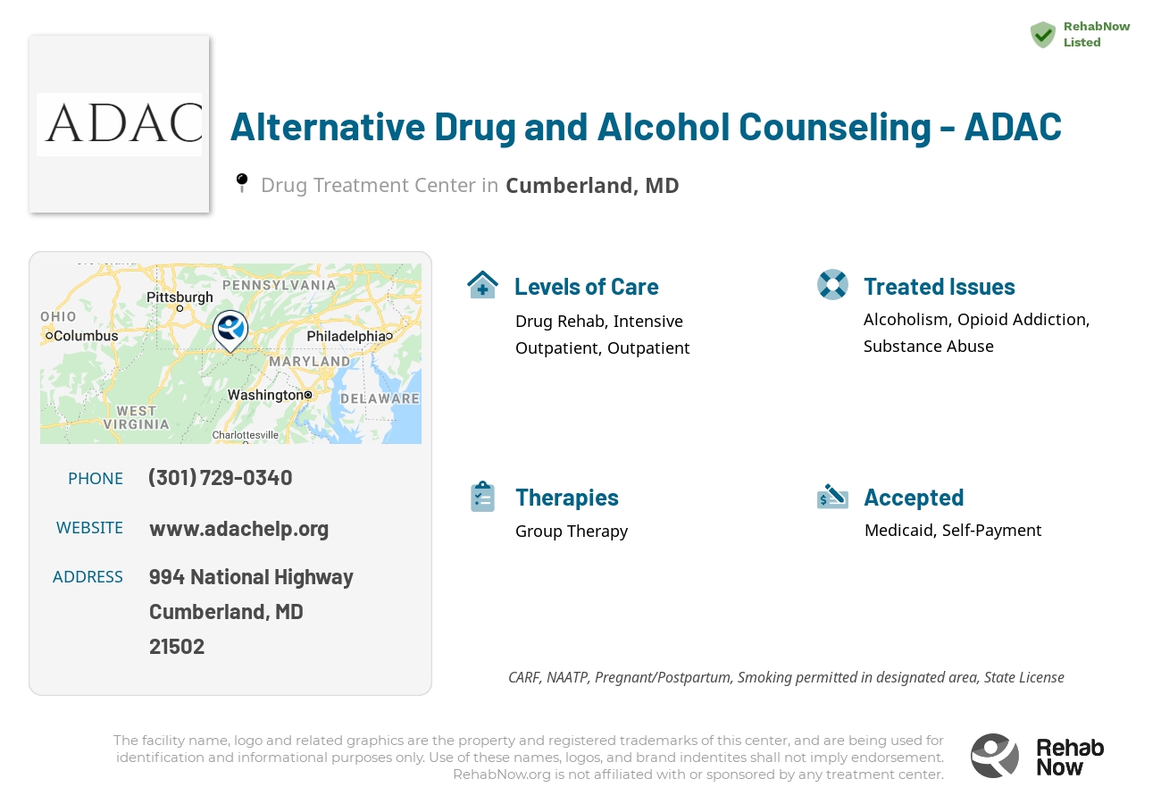 Helpful reference information for Alternative Drug and Alcohol Counseling - ADAC, a drug treatment center in Maryland located at: 994 National Highway, Cumberland, MD, 21502, including phone numbers, official website, and more. Listed briefly is an overview of Levels of Care, Therapies Offered, Issues Treated, and accepted forms of Payment Methods.