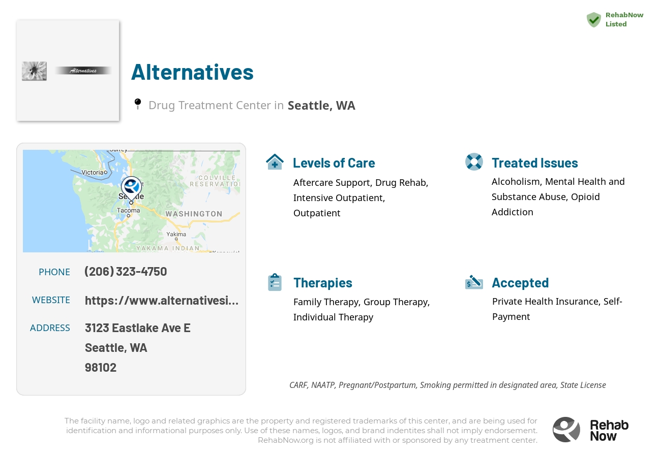 Helpful reference information for Alternatives, a drug treatment center in Washington located at: 3123 Eastlake Ave E, Seattle, WA 98102, including phone numbers, official website, and more. Listed briefly is an overview of Levels of Care, Therapies Offered, Issues Treated, and accepted forms of Payment Methods.