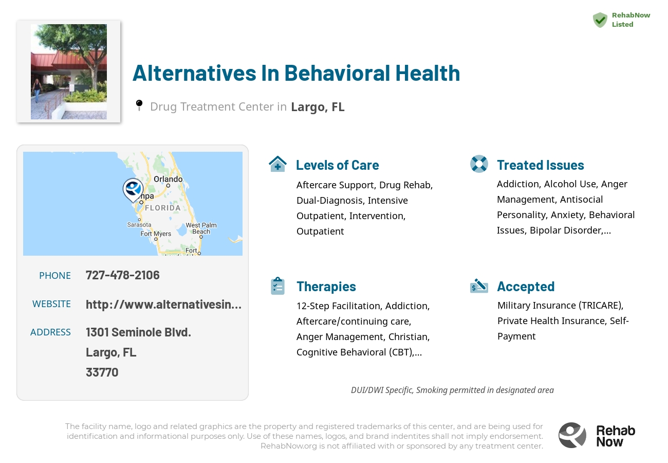 Helpful reference information for Alternatives In Behavioral Health, a drug treatment center in Florida located at: 1301 Seminole Blvd., Largo, FL 33770, including phone numbers, official website, and more. Listed briefly is an overview of Levels of Care, Therapies Offered, Issues Treated, and accepted forms of Payment Methods.
