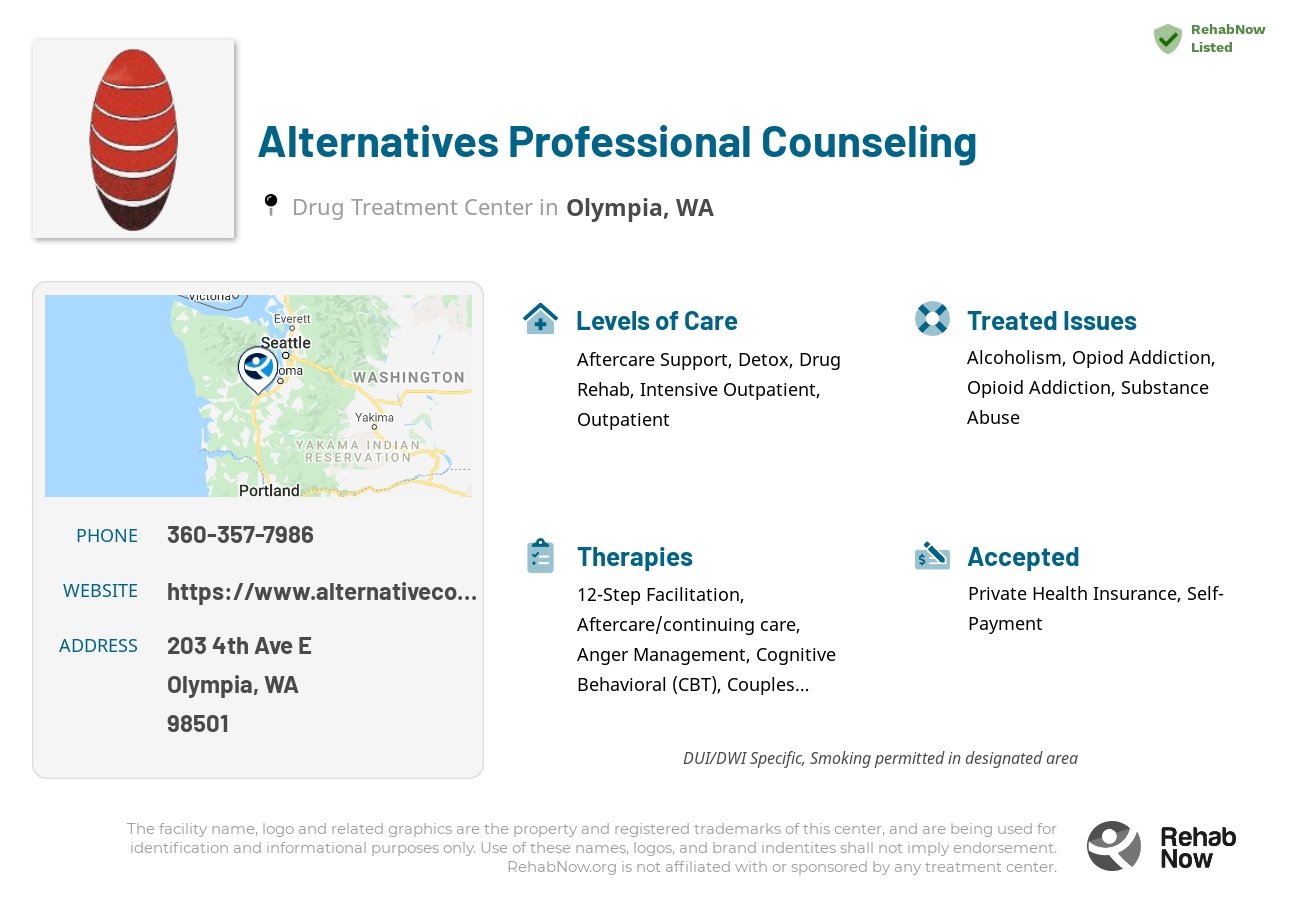 Helpful reference information for Alternatives Professional Counseling, a drug treatment center in Washington located at: 203 4th Ave E, Olympia, WA 98501, including phone numbers, official website, and more. Listed briefly is an overview of Levels of Care, Therapies Offered, Issues Treated, and accepted forms of Payment Methods.