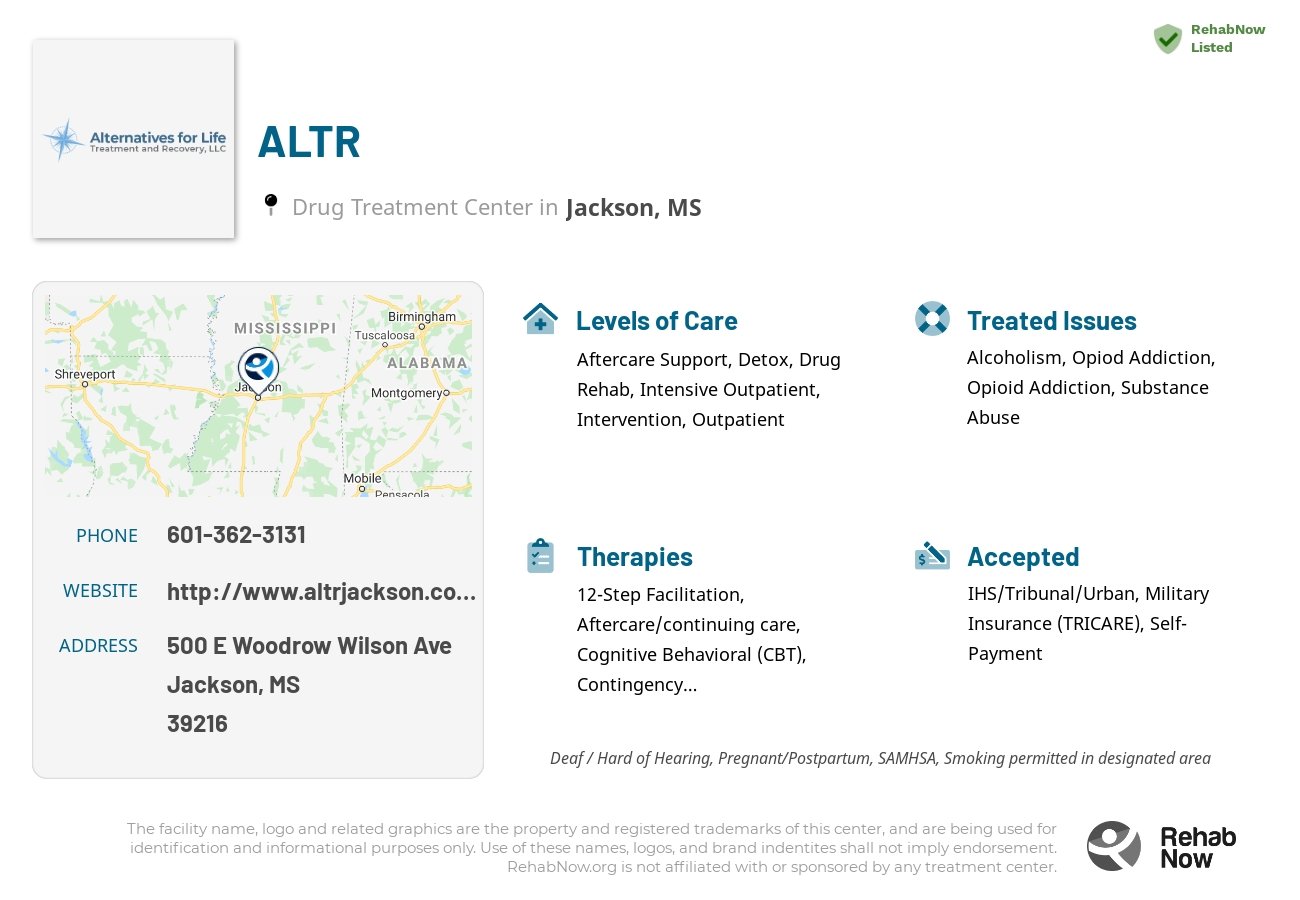 Helpful reference information for ALTR, a drug treatment center in Mississippi located at: 500 E Woodrow Wilson Ave, Jackson, MS 39216, including phone numbers, official website, and more. Listed briefly is an overview of Levels of Care, Therapies Offered, Issues Treated, and accepted forms of Payment Methods.
