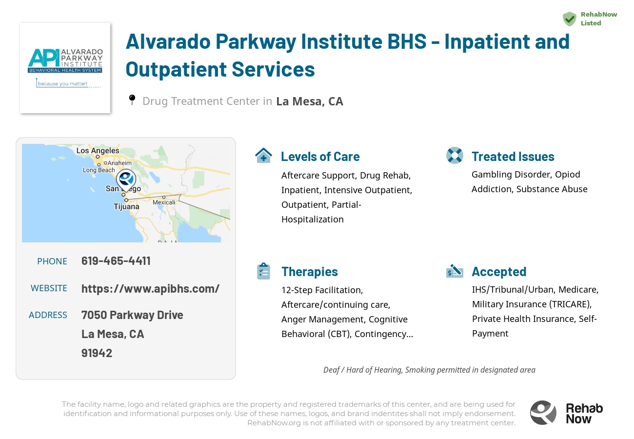 Helpful reference information for Alvarado Parkway Institute BHS - Inpatient and Outpatient Services, a drug treatment center in California located at: 7050 Parkway Drive, La Mesa, CA 91942, including phone numbers, official website, and more. Listed briefly is an overview of Levels of Care, Therapies Offered, Issues Treated, and accepted forms of Payment Methods.