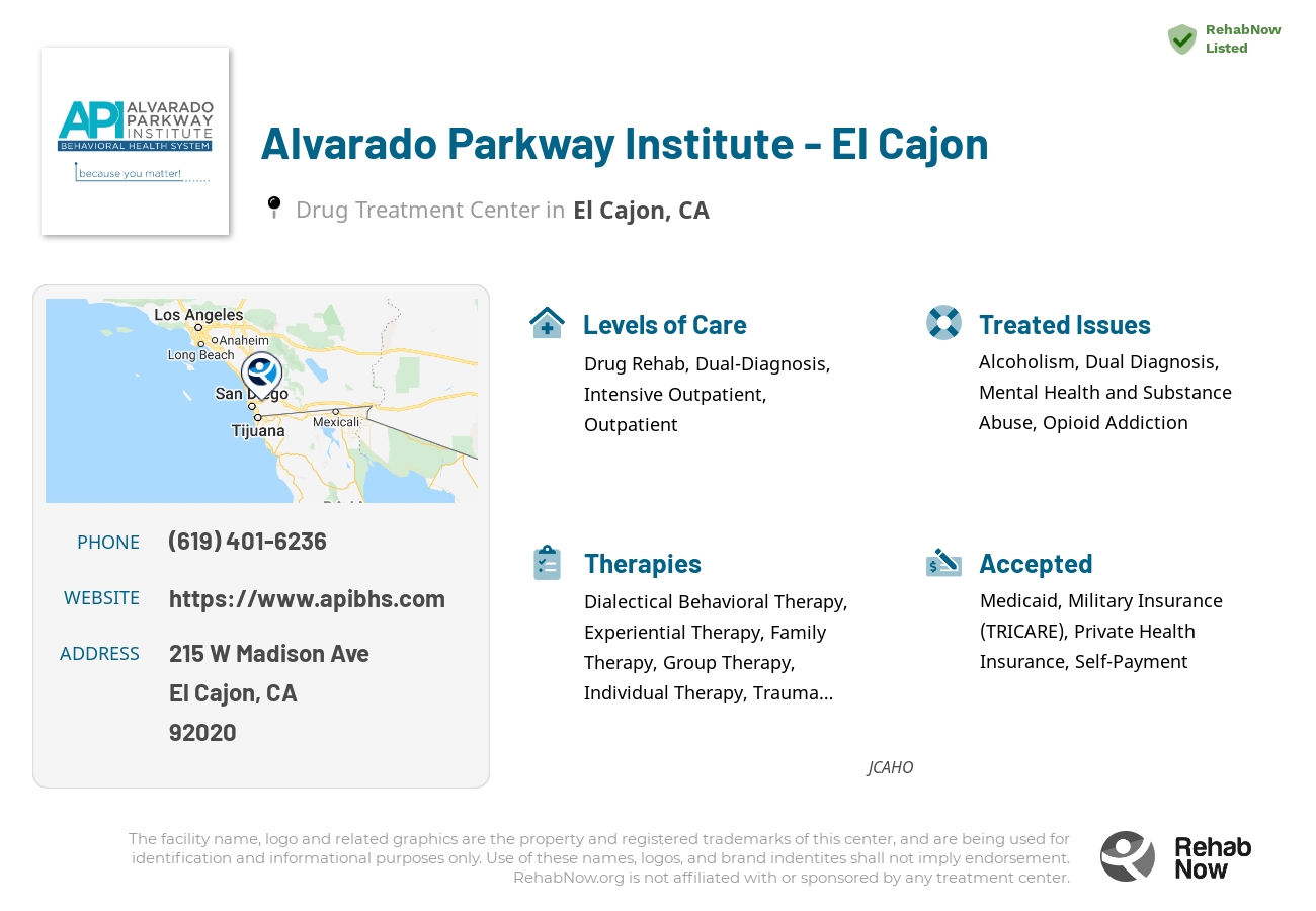 Helpful reference information for Alvarado Parkway Institute - El Cajon, a drug treatment center in California located at: 215 W Madison Ave, El Cajon, CA 92020, including phone numbers, official website, and more. Listed briefly is an overview of Levels of Care, Therapies Offered, Issues Treated, and accepted forms of Payment Methods.