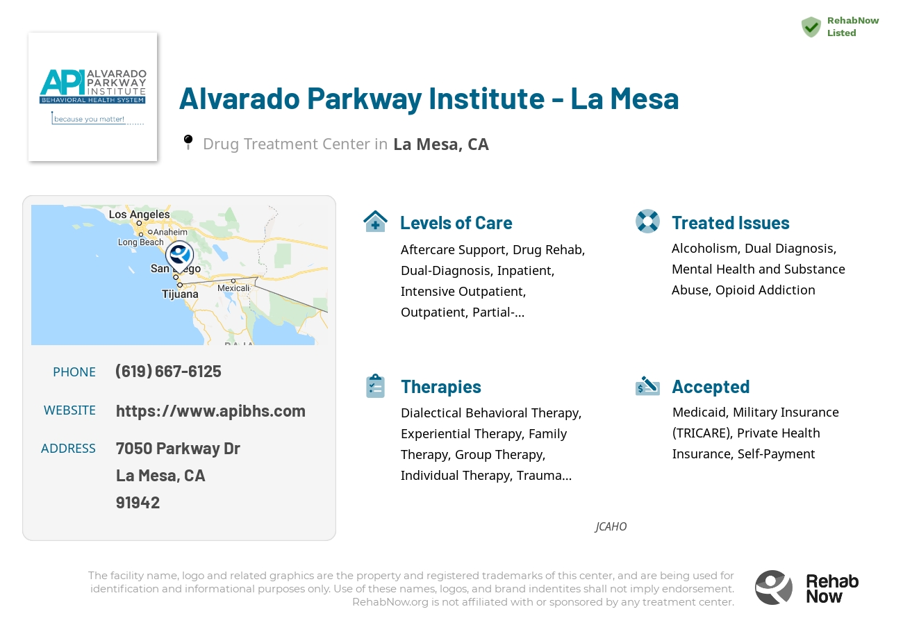 Helpful reference information for Alvarado Parkway Institute - La Mesa, a drug treatment center in California located at: 7050 Parkway Dr, La Mesa, CA 91942, including phone numbers, official website, and more. Listed briefly is an overview of Levels of Care, Therapies Offered, Issues Treated, and accepted forms of Payment Methods.